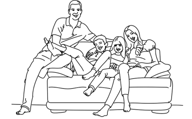 ソファーで家族が団らんしているイラスト